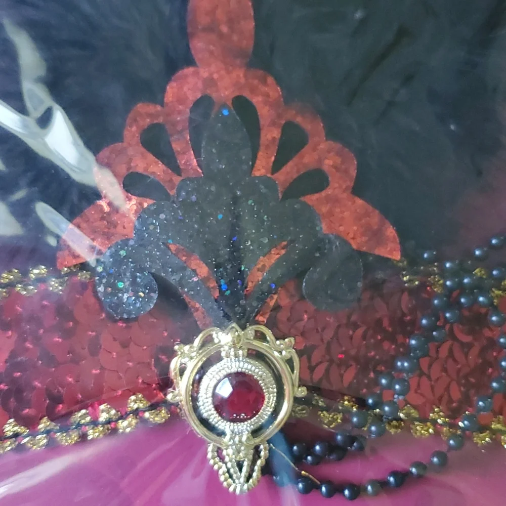 Flapper headband, red, black, sequined, gold, feathers, roaring 20s,
